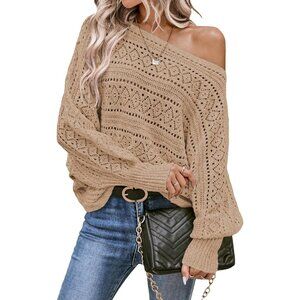Women's Crochet Boat Neck Sweater Long Sleeve Loose Fit Fall Winter Clothes